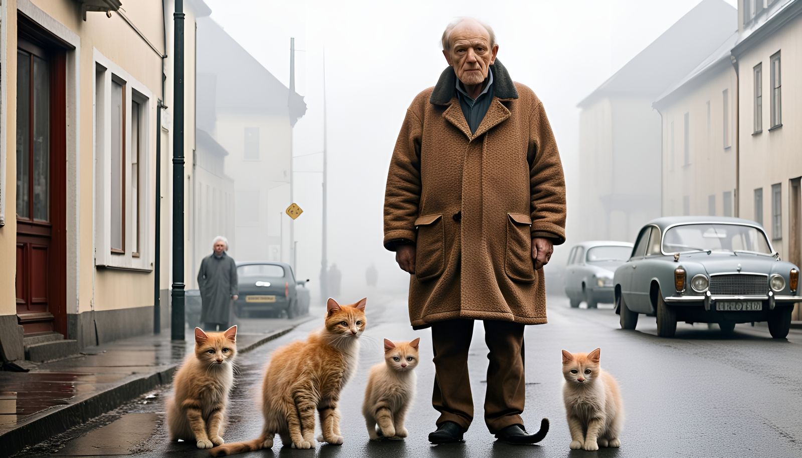 Foggy Street Scene with Man and Kittens