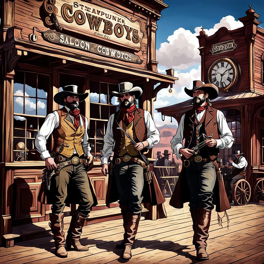Steampunk Saloon Scene with Cowboys and Music
