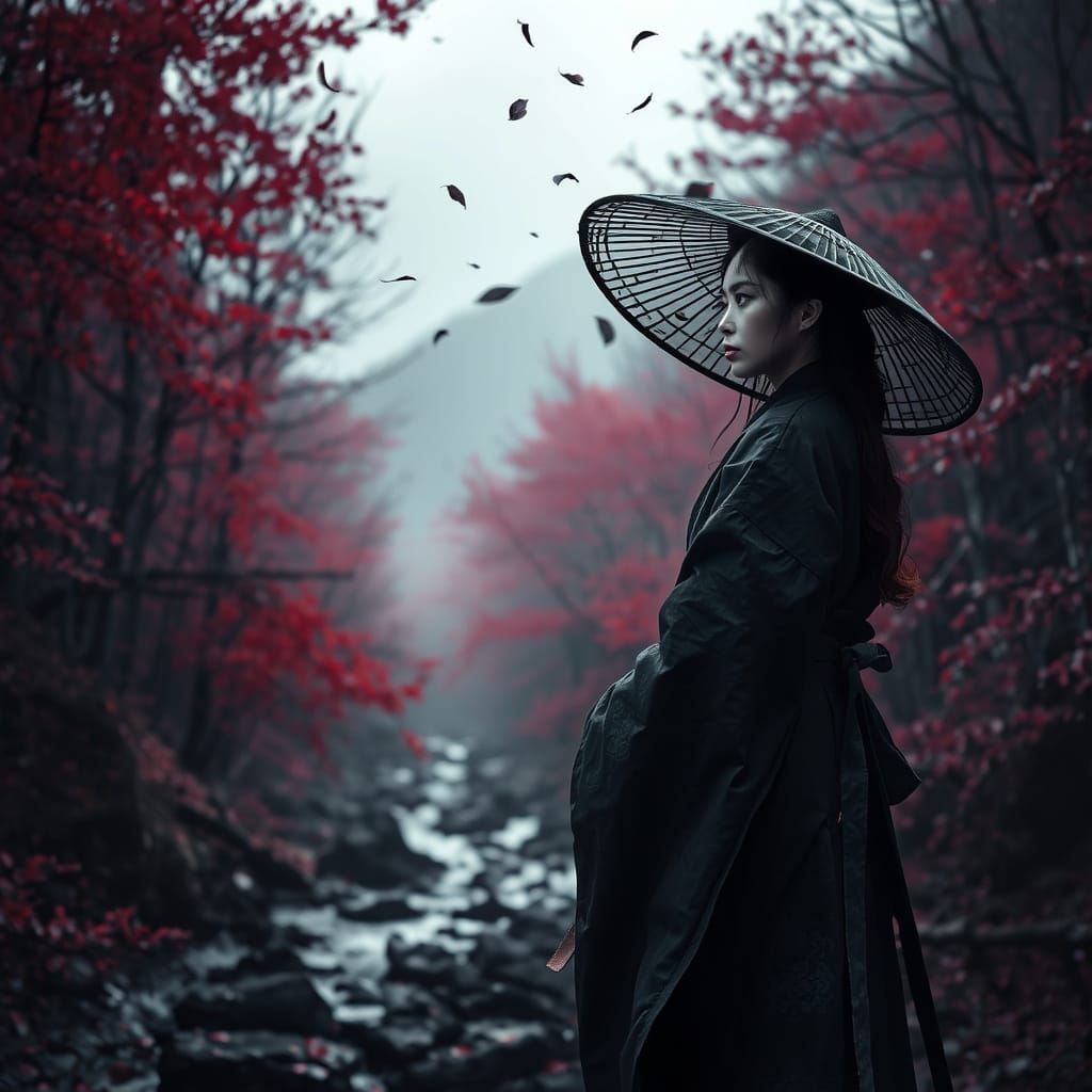 Samurai in Surreal Forest with Shin Hanga Style