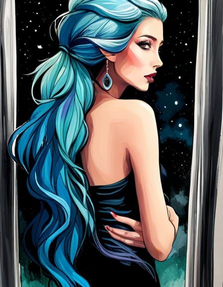 Ethereal Girl with Blue Hair Gazing at Stars