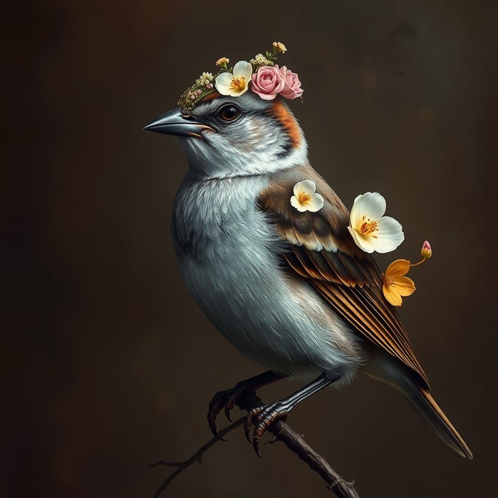 Sparrow with Flowers: Hyperrealistic Pop Surrealism