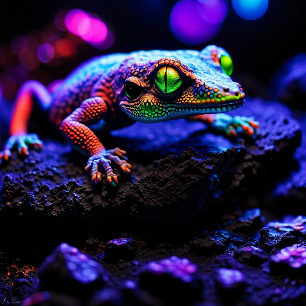 Sleeping Gecko on Lava Rock in Fluorescent Triadic Colors