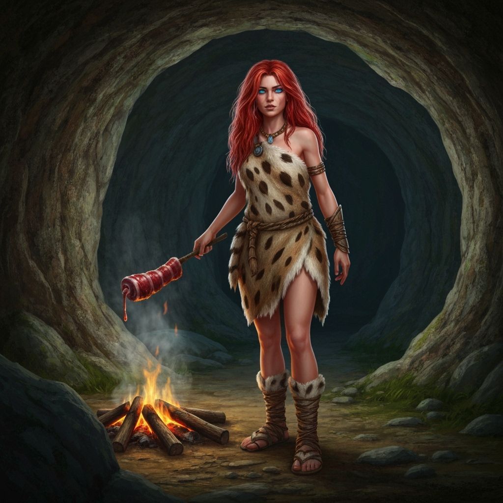Cave Woman Cooking Over Fire as Fantasy Matte Painting