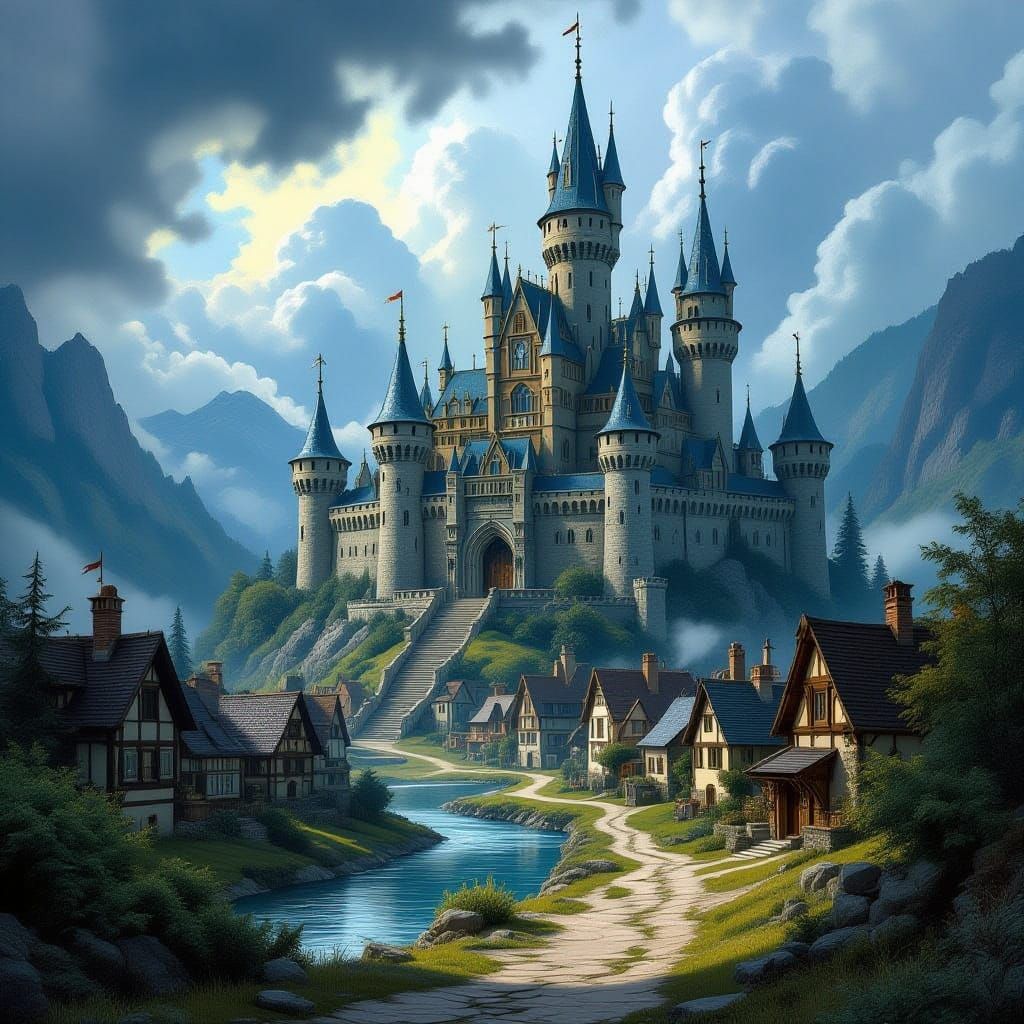 Medieval Fantasy Village and Castle in Valley