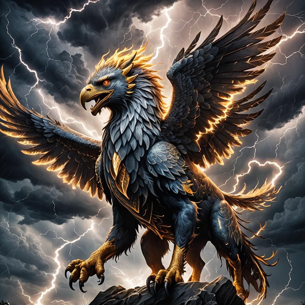 Griffin in Lightning Storm: Mythical Creature Art