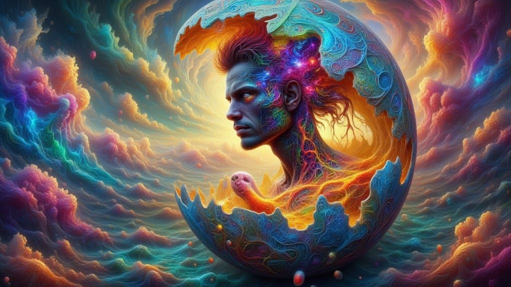 Ethereal Hatching in Stormy Sky: Biomechanical Dreamscape