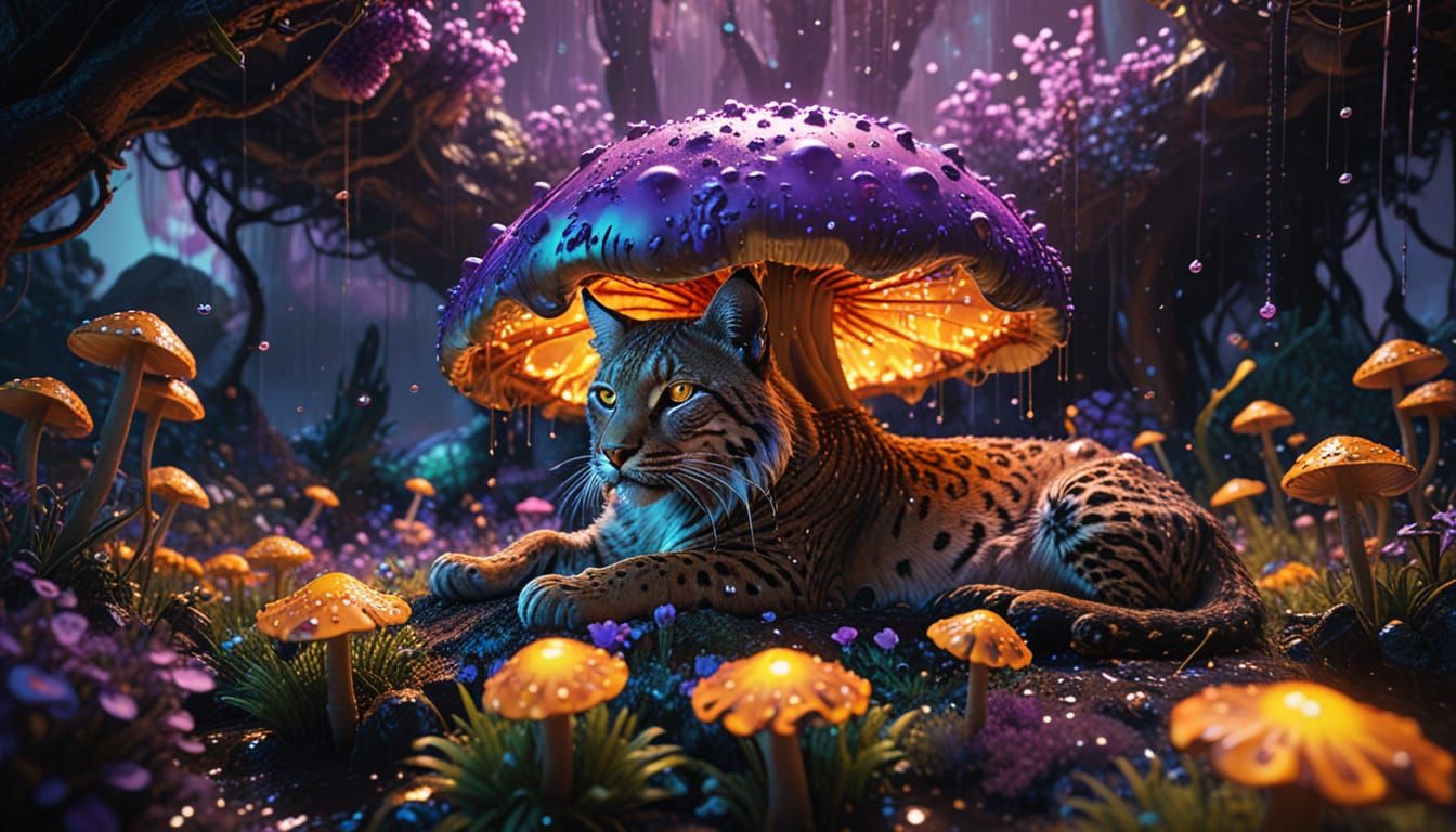 Lynx in Dreamlike Mushroom Realm