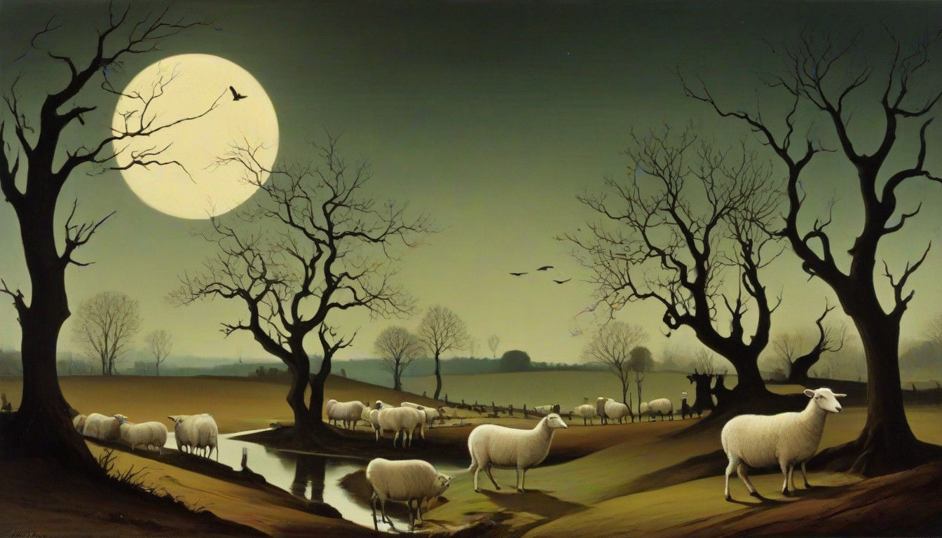 Surreal Moonlit Pastoral Scene with Silhouetted Creatures in...