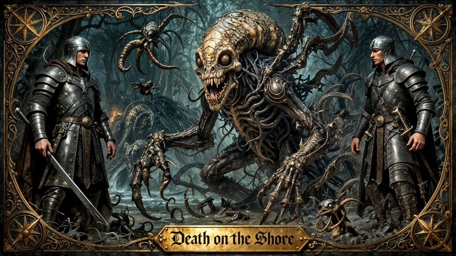 Medieval Warrior Meets Gigeresque Horror on Shore