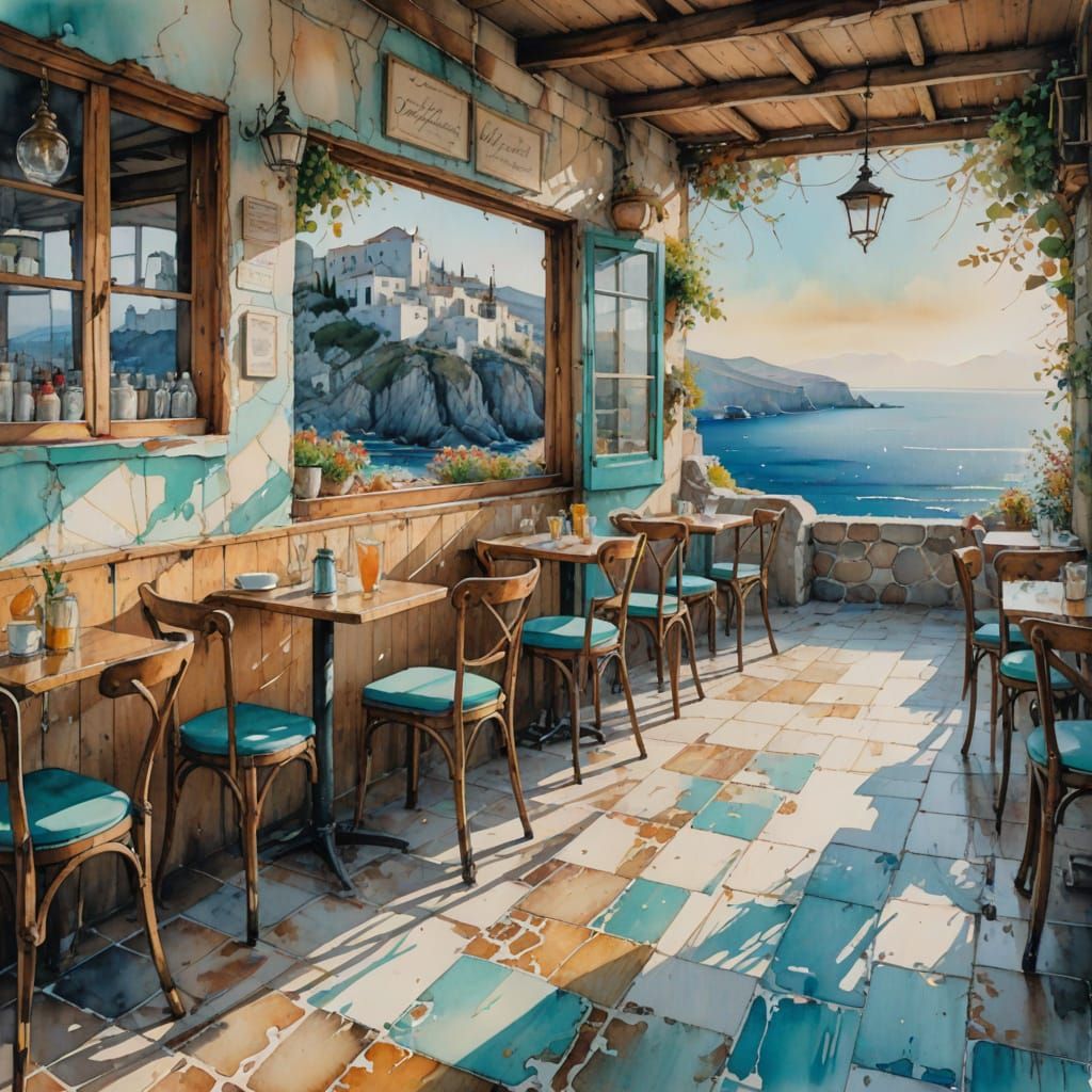 Cliffside Cafe in Expressive Watercolor Painting Style