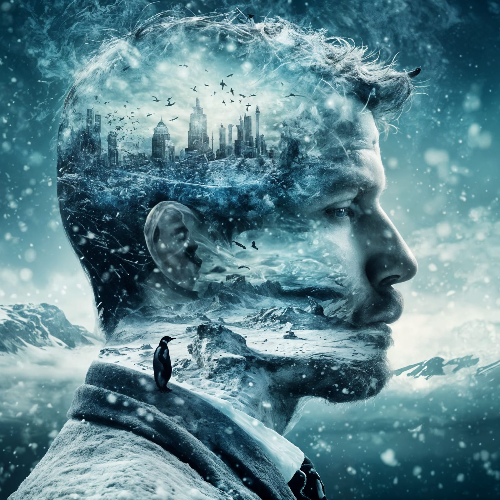 Icepunk Double Exposure with Snowy Tundra