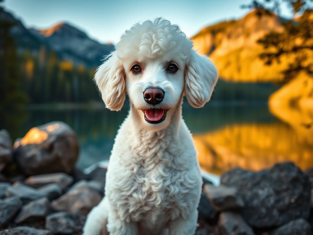 Serene White Poodle Portrait in Forest Lake