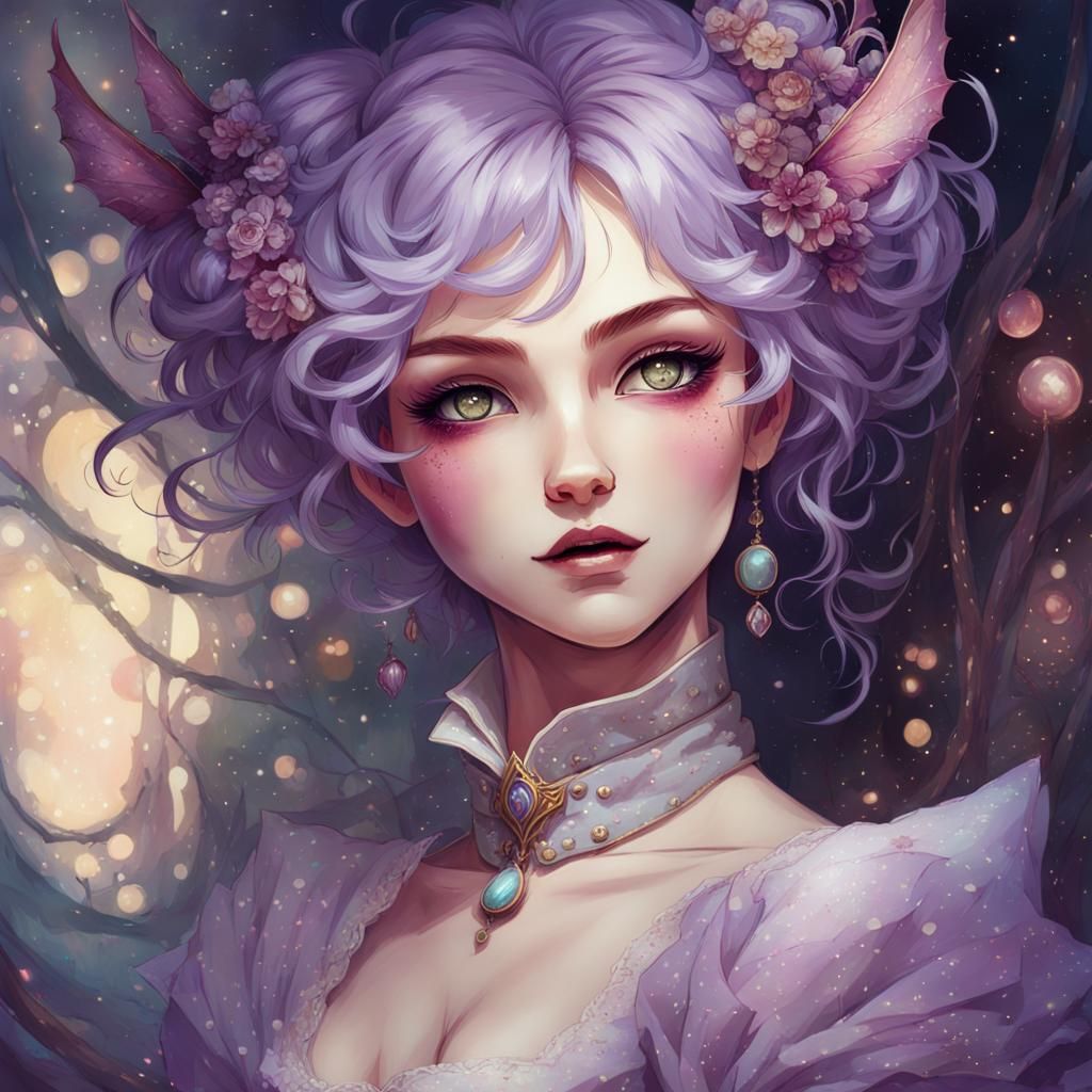 Opalescent Vampire Neko Girl in Ballroom, Digital Art