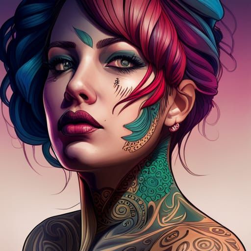 Acid Punk Tattooed Woman Portrait in Digital Art