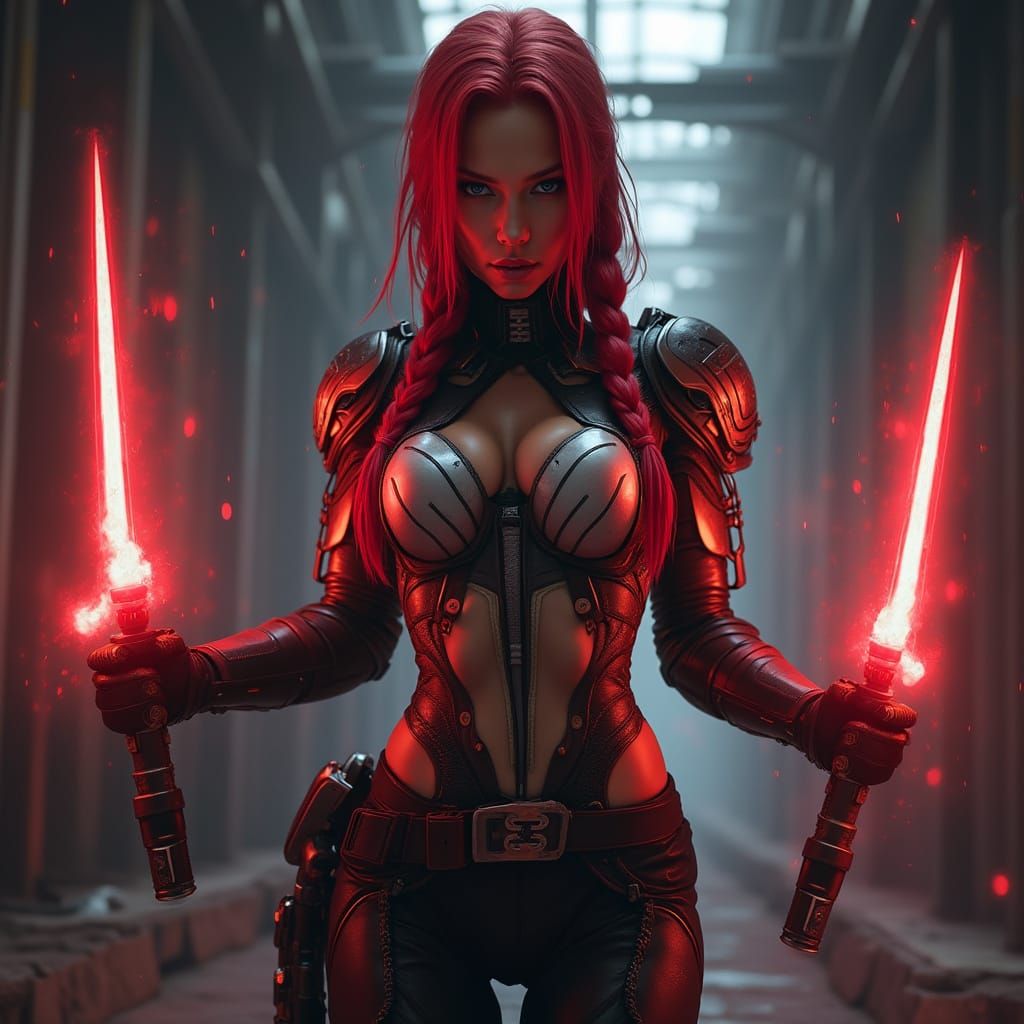 Cyberpunk Warrior in Fierce Fighting Stance