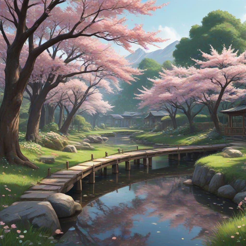 Serene Asian Sakura Garden in Morning Light