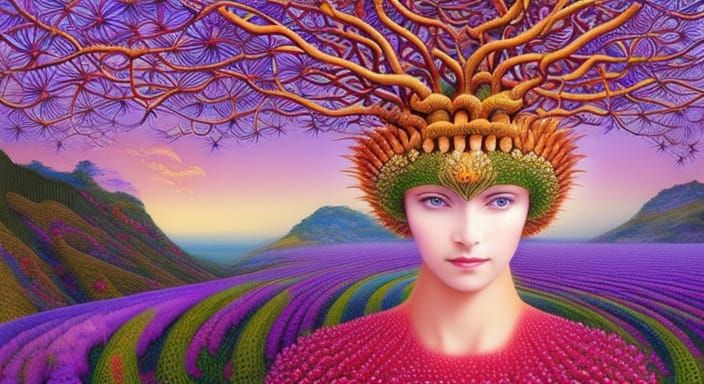 Surreal Woman in Flower Mycelium Network, Octane Render