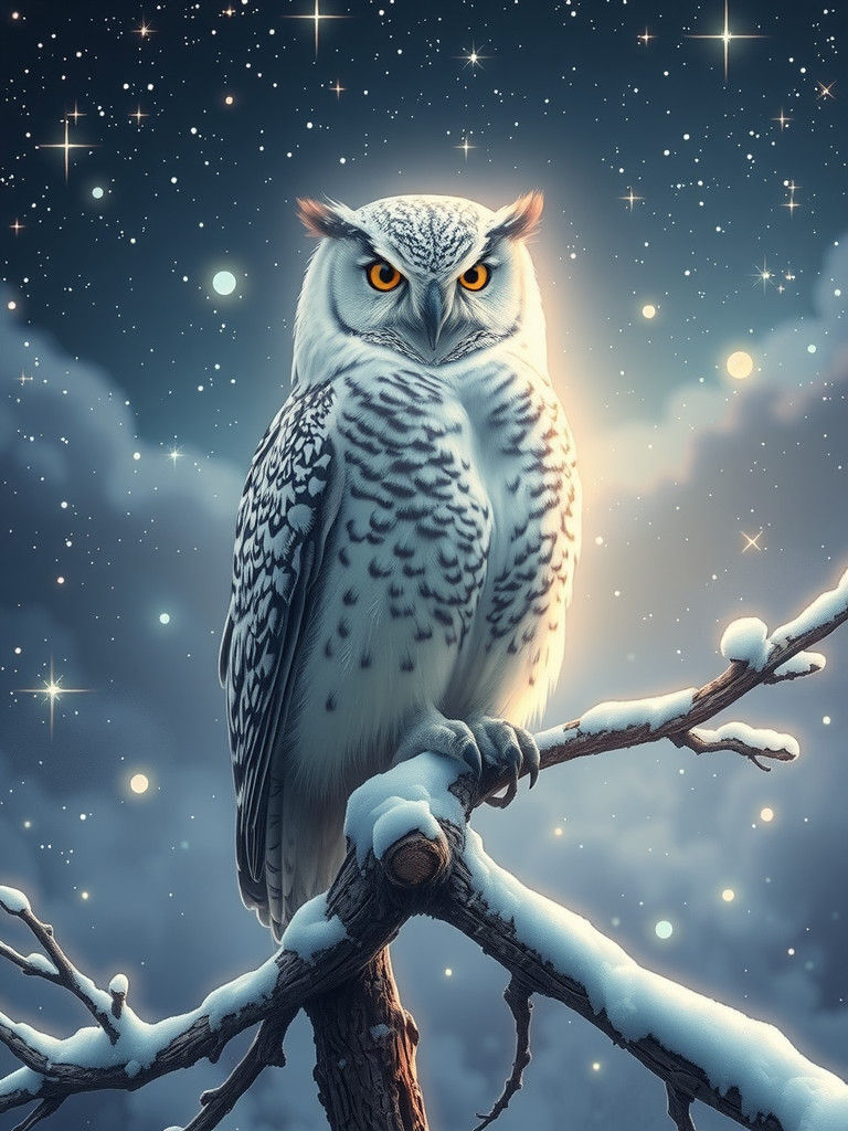 Snowy Owl Under Starry Sky in Fantasy Style