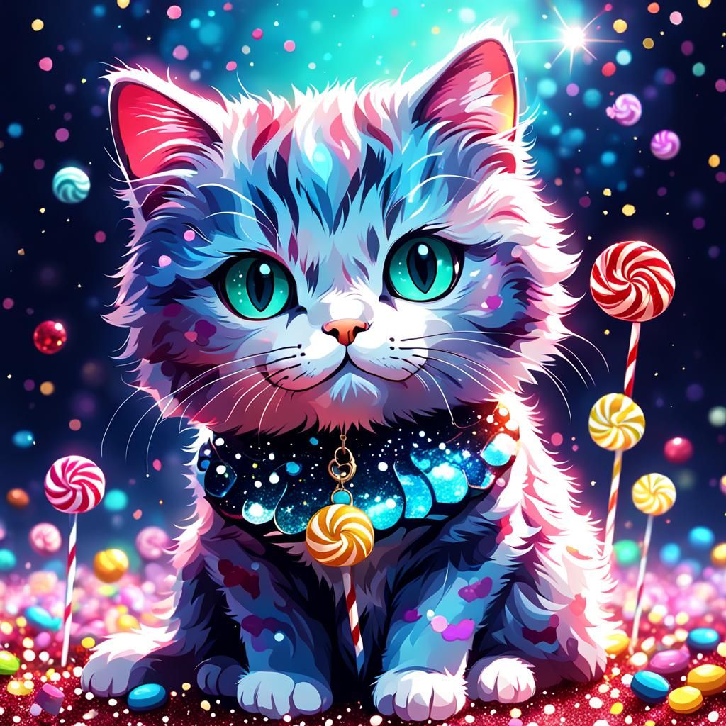Elegant Candy Cat in Glitter Atmosphere, Digital Art