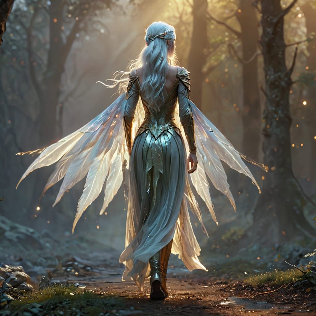 White-Haired Elf With Iridescent Wings in Dreamy Forest