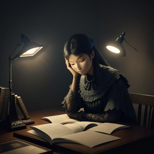 Girl Asleep at Table with Origami Papercraft