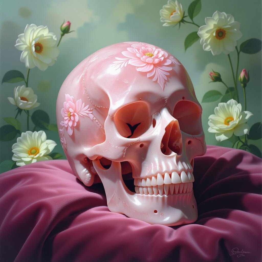 Rose Quartz Skull with Flowers, Classical Painting Style