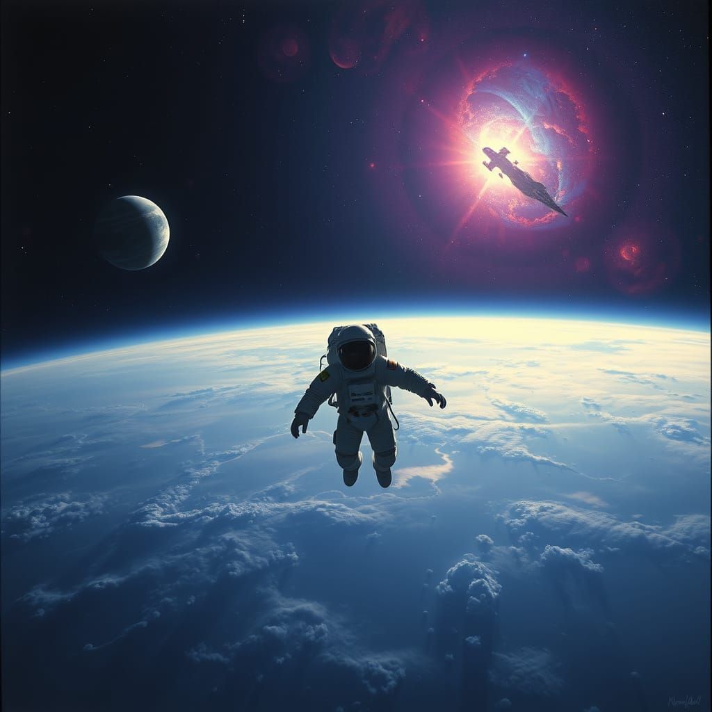 Astronaut Ad Astra in Vibrant Space Nebula