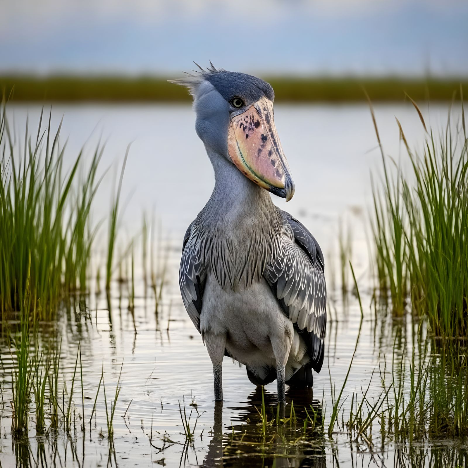 Shoebill, a large (up to 150 cm or 5 ft) wading bird in a swamp of central Africa