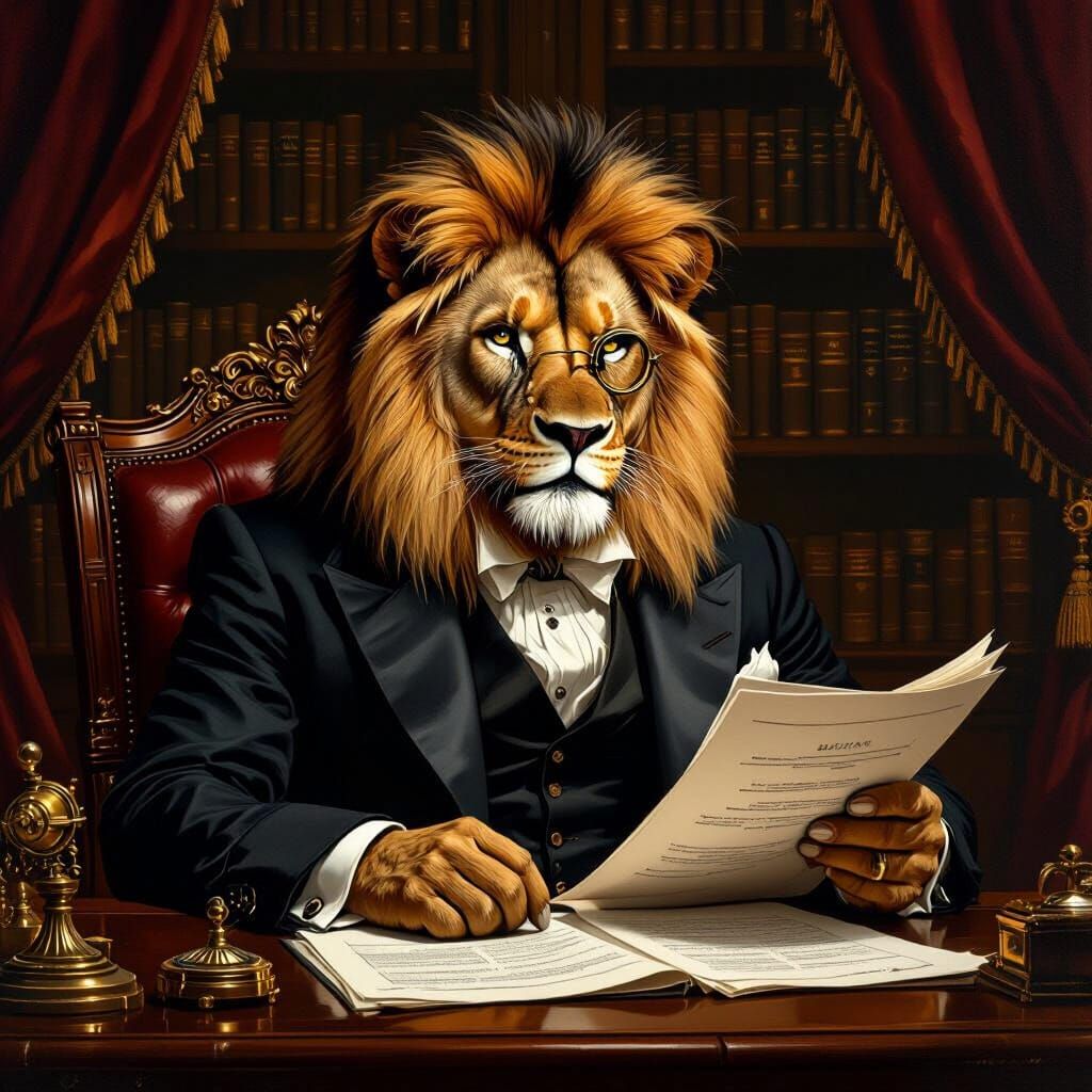 Lion in Suit: A Steampunk Art Nouveau Oil Painting