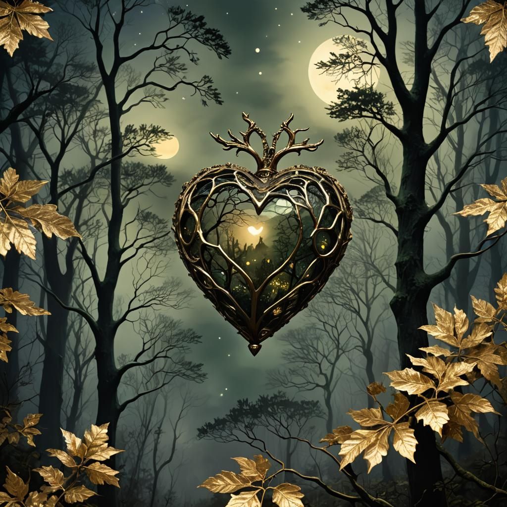 Khaki Jewel Heart in Night Forest: 3D Anime Art