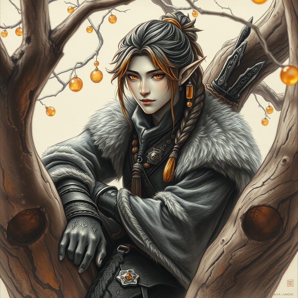 Mystical Elf Ranger Amidst Twisted Woodland