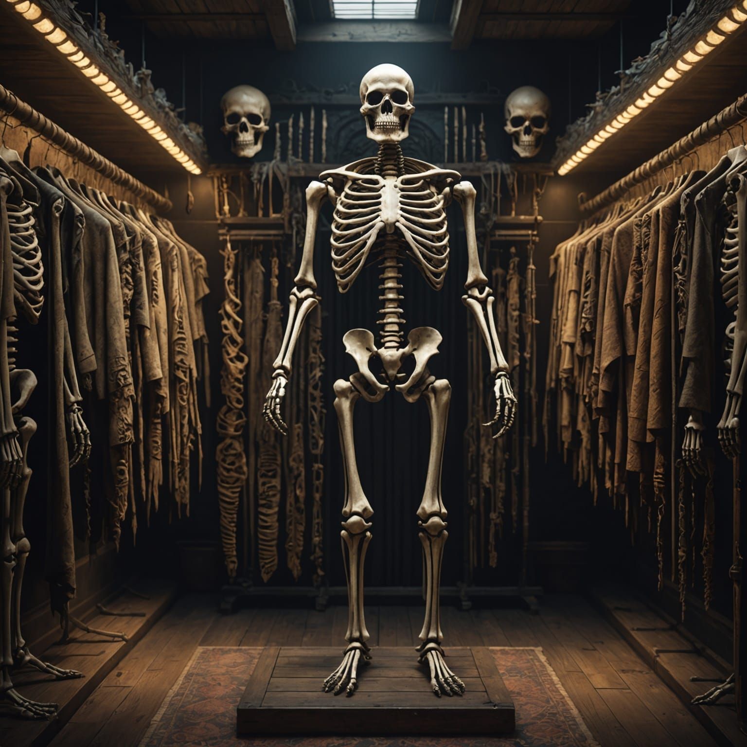 Skeleton Displaying Human Skins: Dark Fantasy Art