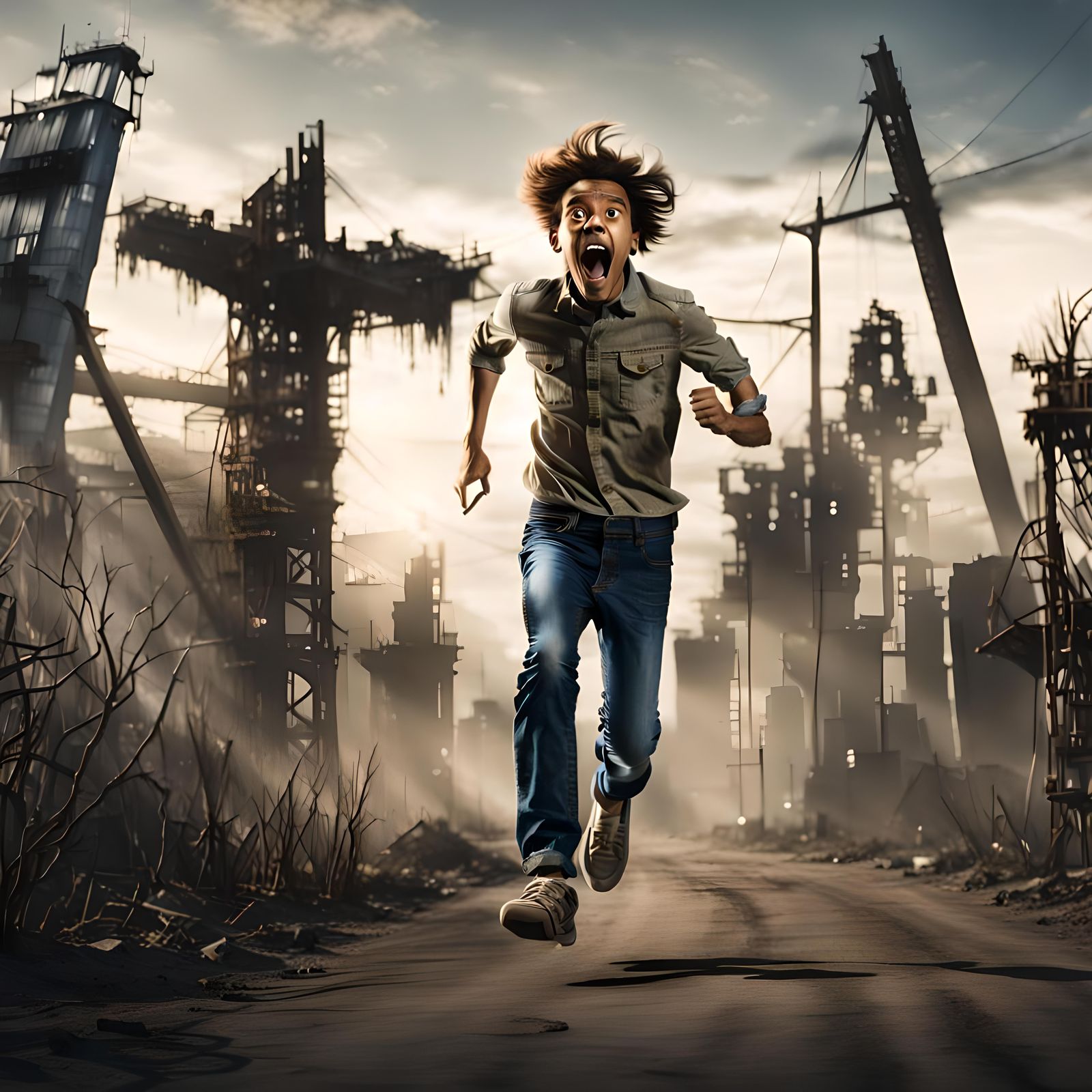 Scared Boy in Denim Running Towards Viewer