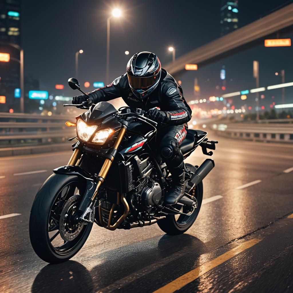 Black Bike Races on Highway at Night