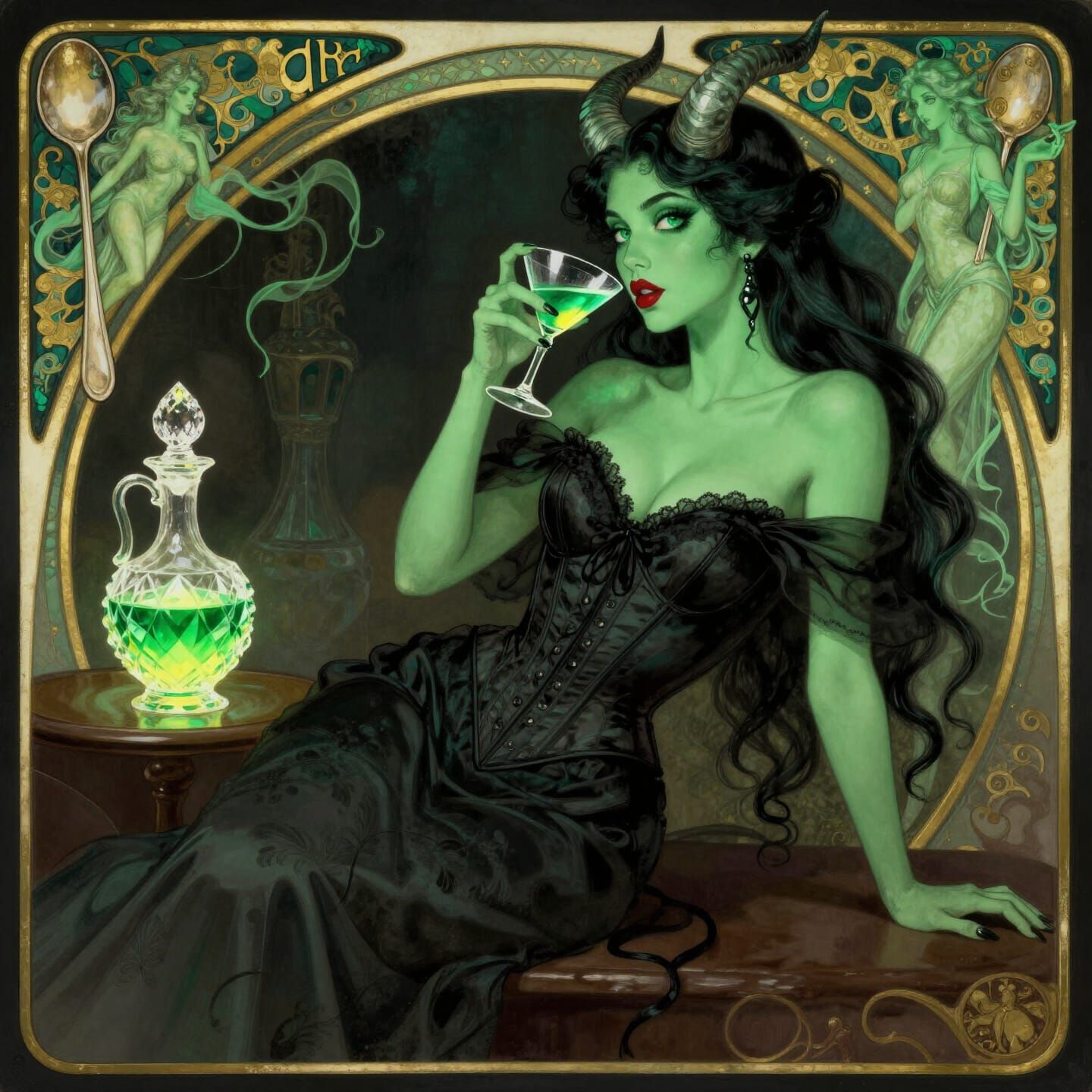 Green Skinned Woman in Art Nouveau Portrait