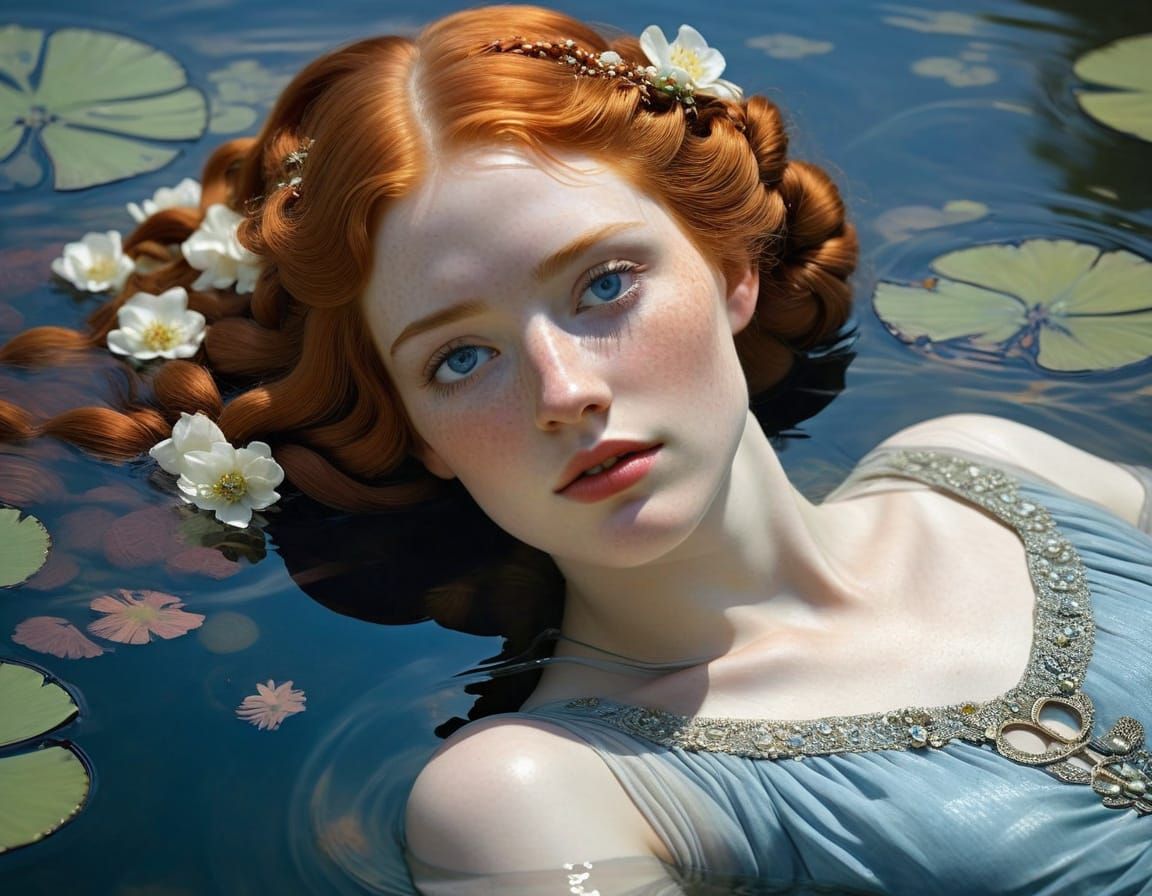 Glamorous Redhead Goddess in a Starry Lake Night Scene