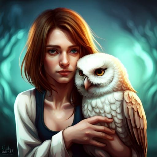 Girl Hugging Baby Owl: Detailed Octane Render
