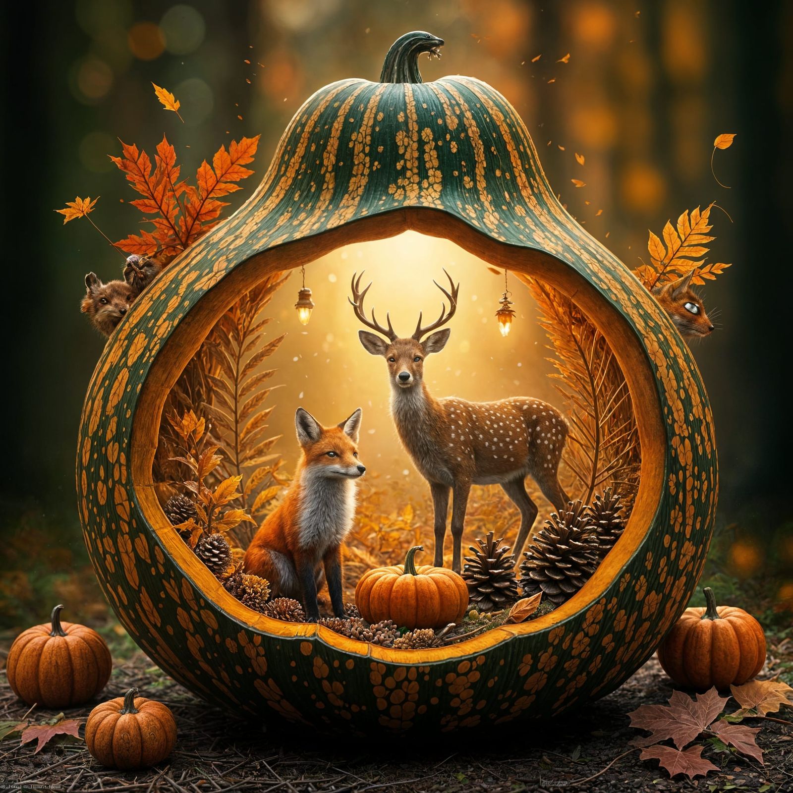 Enchanted Autumn Woodland Scene Inside Gourd