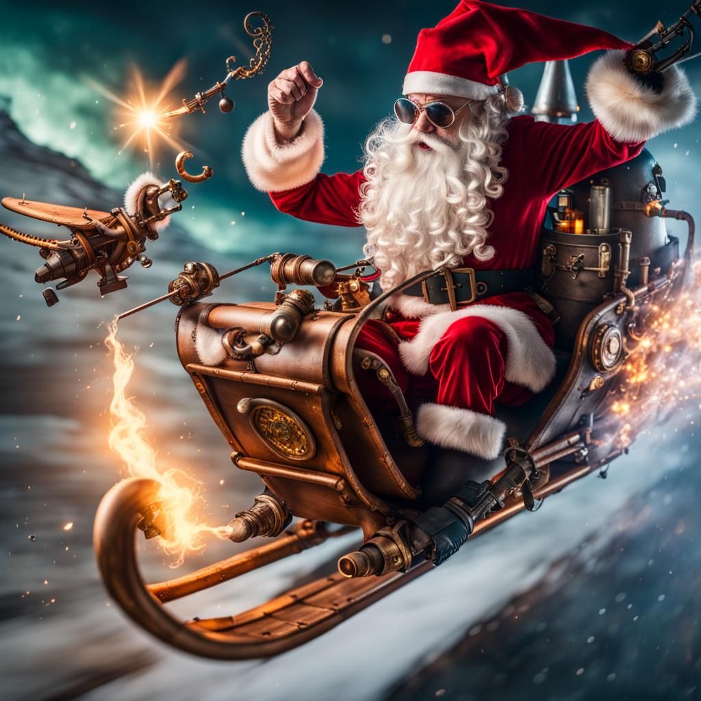 Santa Claus Piloting Steampunk Rocket Sleigh