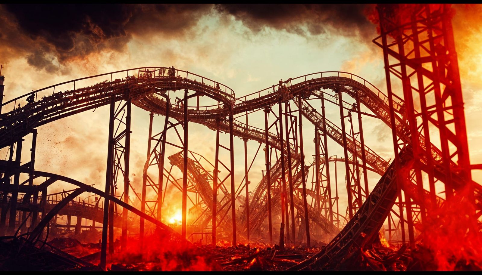 A towering meandering roller coaster in an abdanoned apocalyptic hellscape is slowly becoming engulfed in flames, the in...