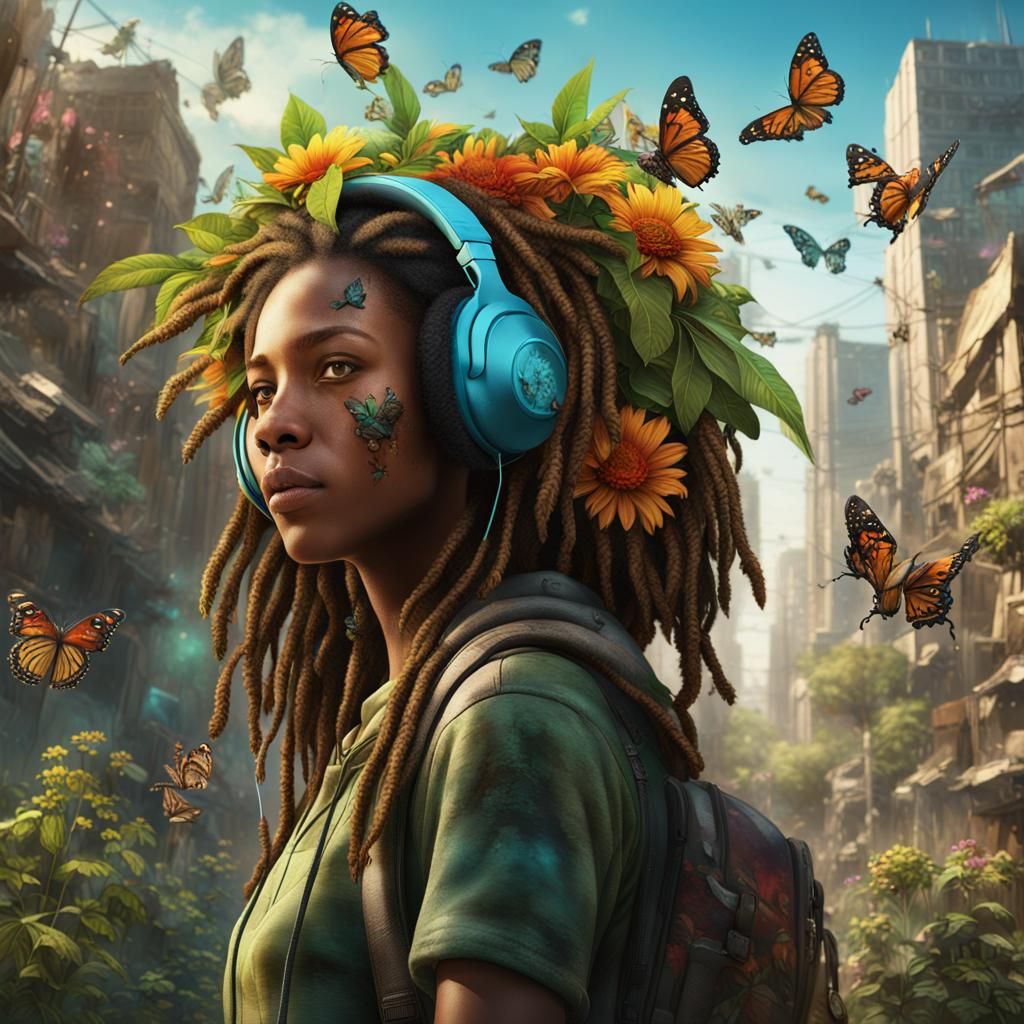 Reggae Rasta Girl and Lion in Post-Apocalyptic City