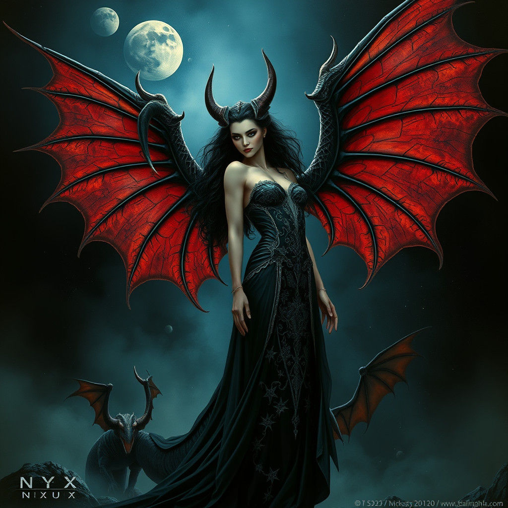 Nyx with Dragon Wings in Surreal Biomechanical Style