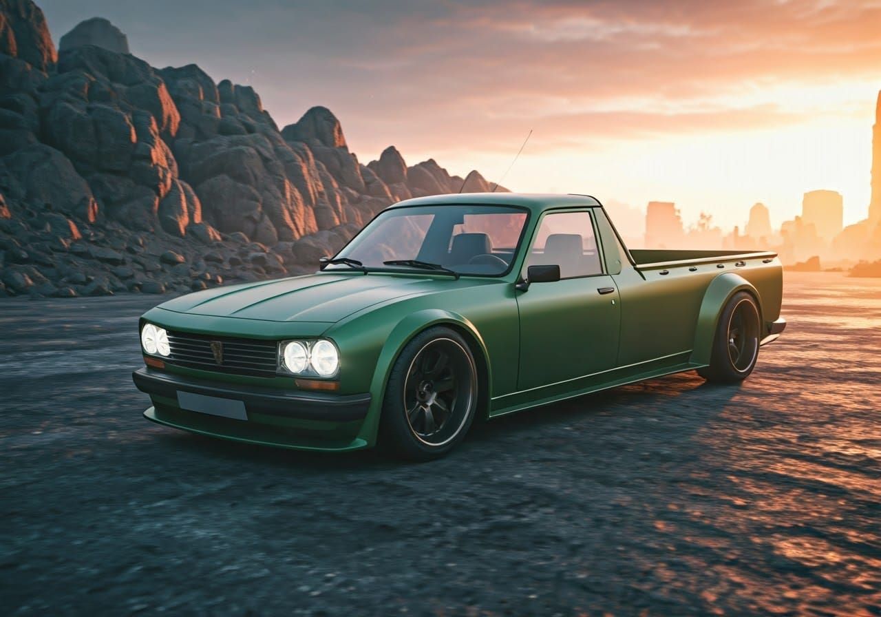 Low-Slung Green Peugeot 504 Ute Rips Through Foggy Dystopian...