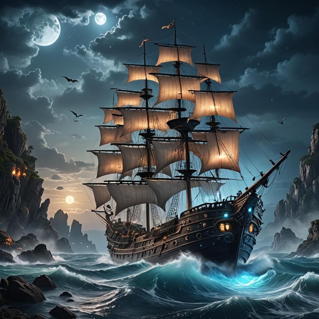 Ghost Ship on Wild Sea at Moonshine Night