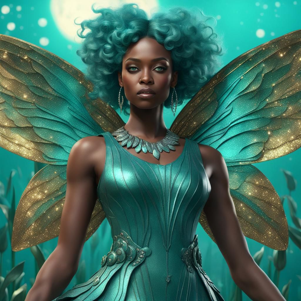 African American Fairy with Teal Makeup and Tulip
