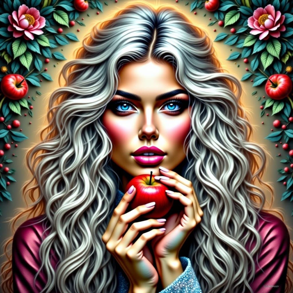 Ethereal Lady Savoring Apple in Dreamlike Landscape