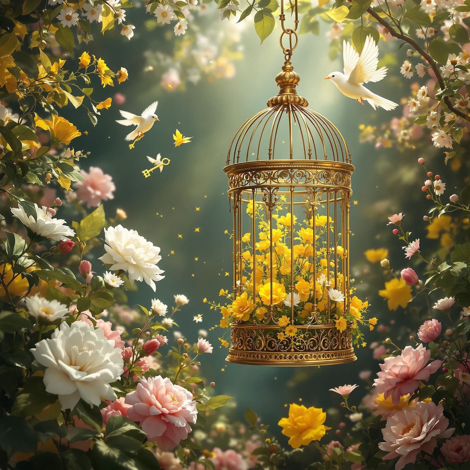 Golden Birdcage with Canary and Key-Carrying Bird