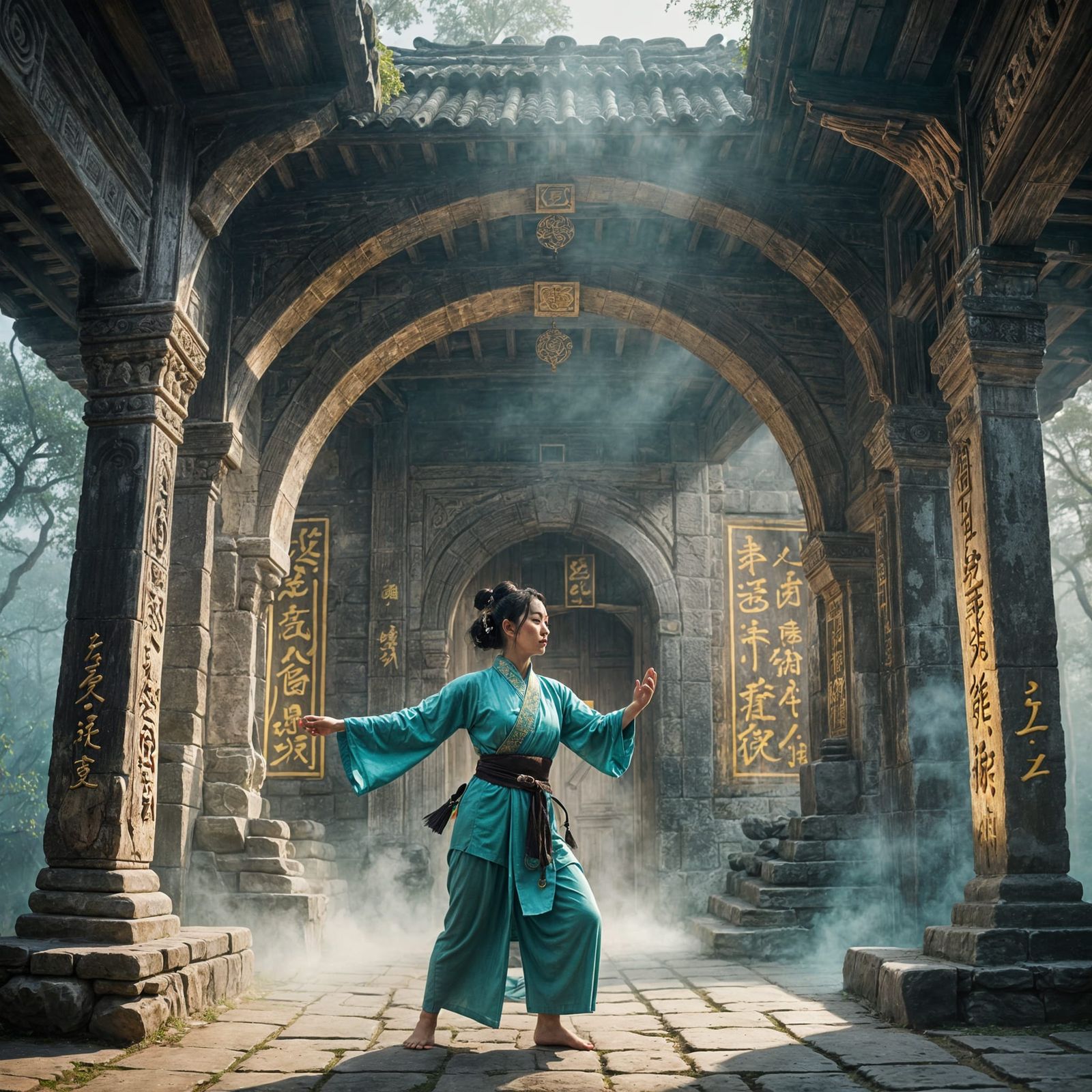 Mystical Tai Chi Scene with Ancient Runes