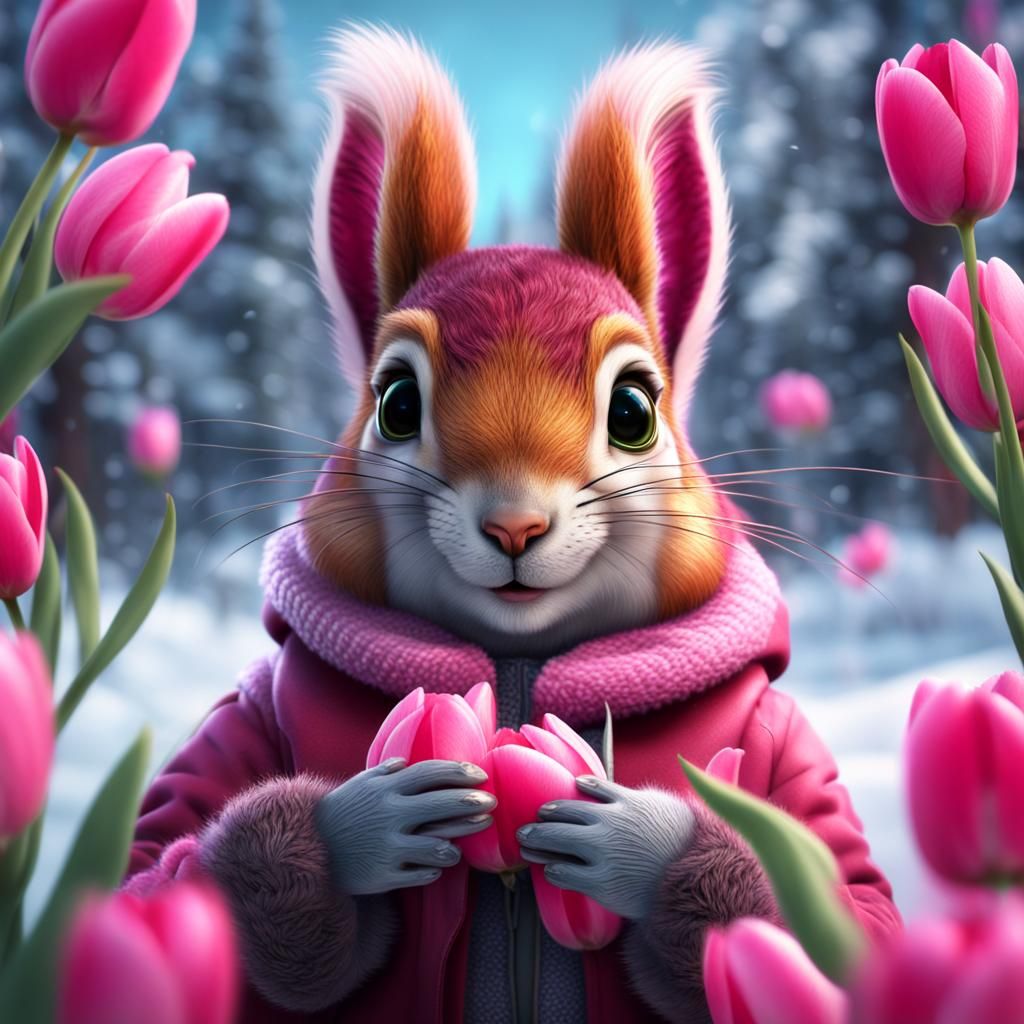 Squirrel with Tulips: Detailed 8K Fantasy Portrait