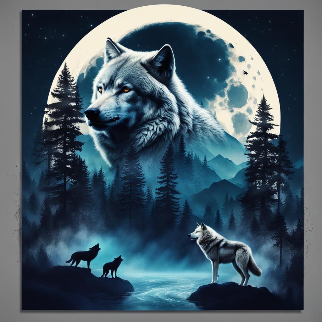 Triple Exposure: Prince, Wolf, and Moonlit Landscape